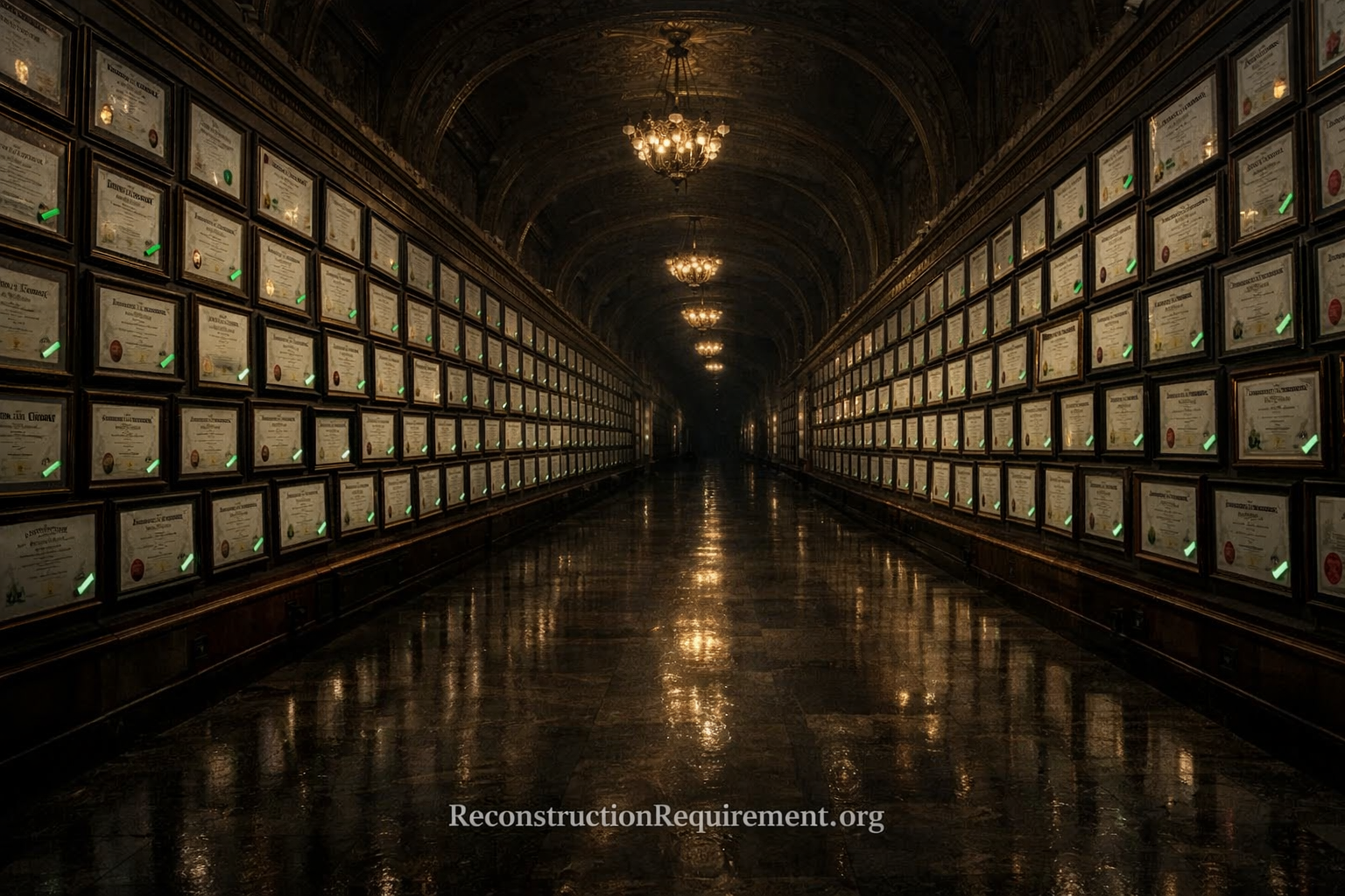 Empty institutional hall filled with verified certificates but no people, representing undetectable understanding in the AI era