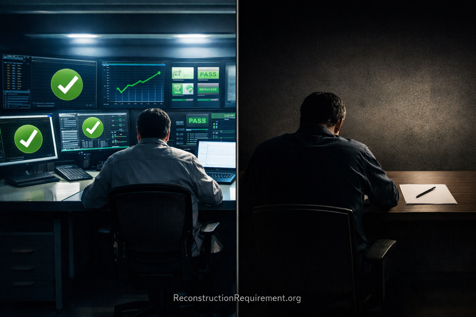 Split-screen showing AI-assisted performance with green checkmarks versus independent reconstruction without assistance